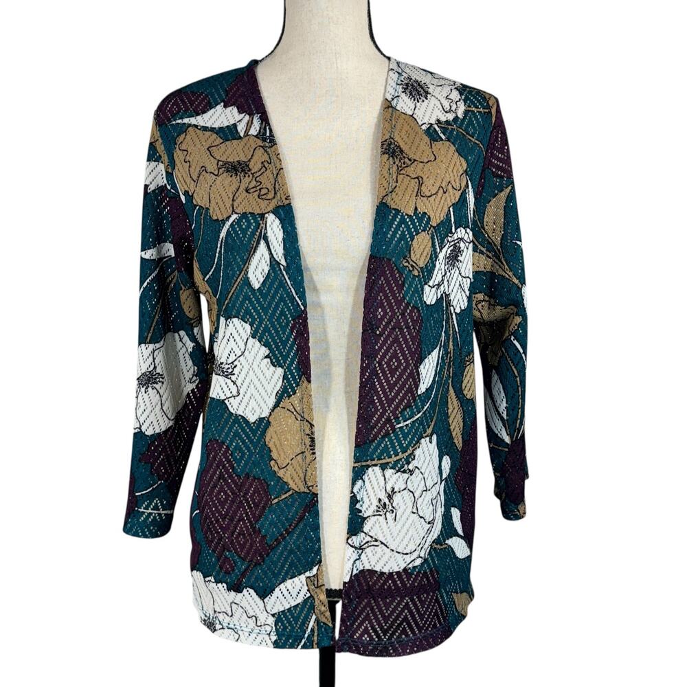 Alfred Dunner Small Cardigan Jacket Floral Perforated 3/4 Sleeves Open Front